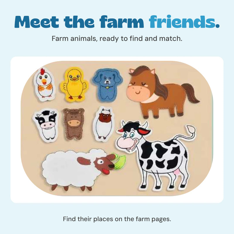Original farm animal pieces from the Farm Friends Busy Board, including cow, sheep, horse and finger puppets.