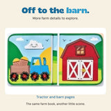 Original Farm Friends Busy Board spread showing the blue tractor and red barn.