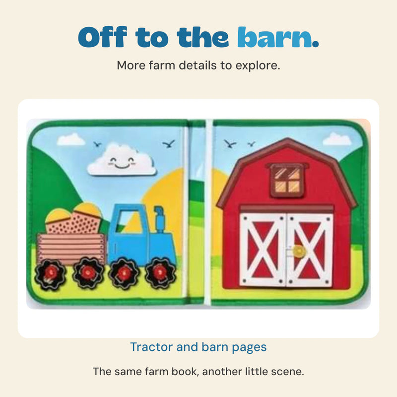 Original Farm Friends Busy Board spread showing the blue tractor and red barn.