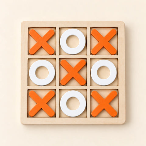 A wooden three-by-three tray with five orange crosses and four white rings.