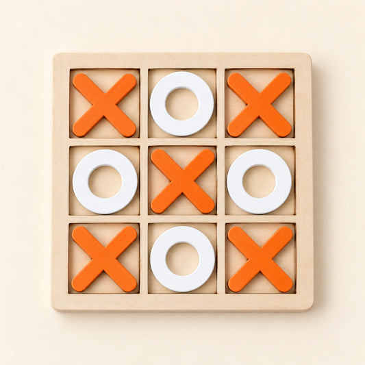 A wooden three-by-three tray with five orange crosses and four white rings.