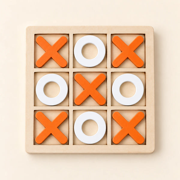 A wooden three-by-three tray with five orange crosses and four white rings.
