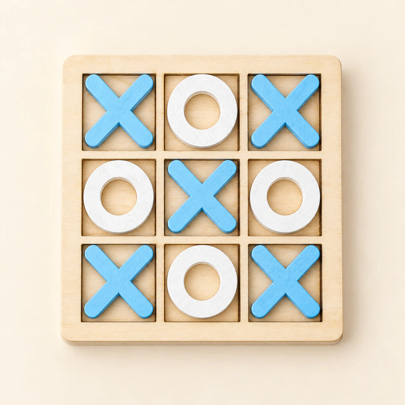 A wooden three-by-three tray with five light blue crosses and four white rings.