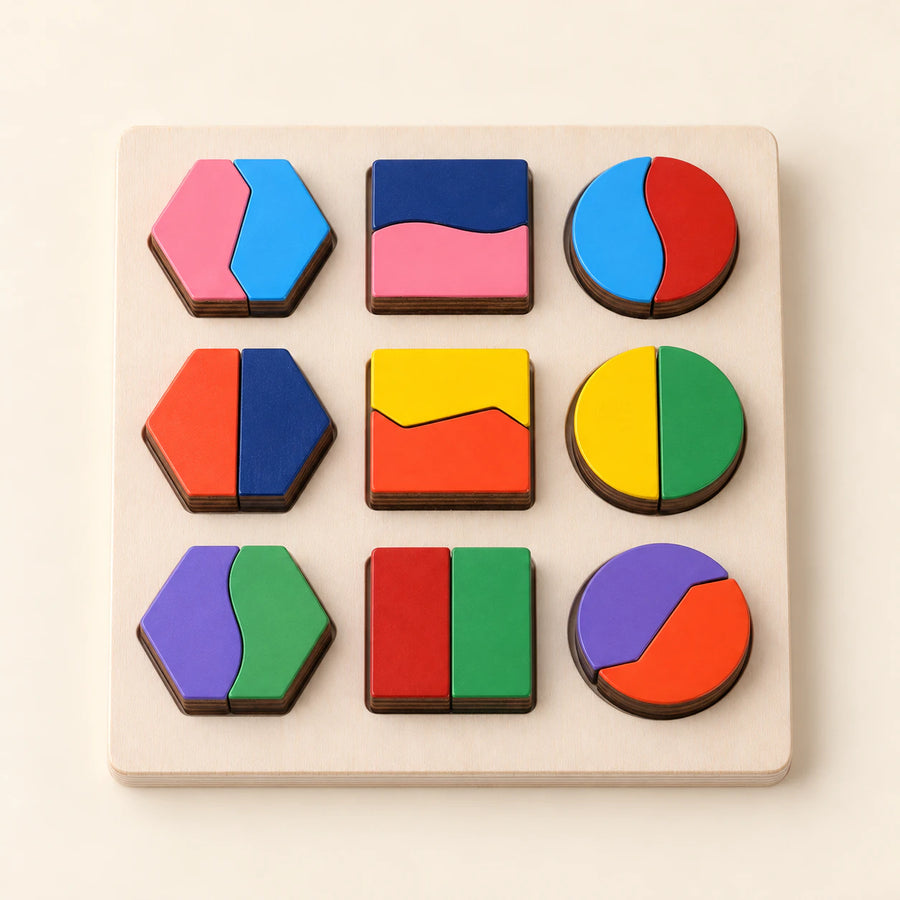Wooden hexagons, squares and circles made of two colourful pieces each.