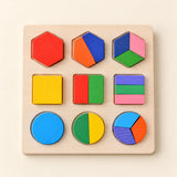 Wooden hexagons, squares and circles shown as whole shapes, halves and thirds.