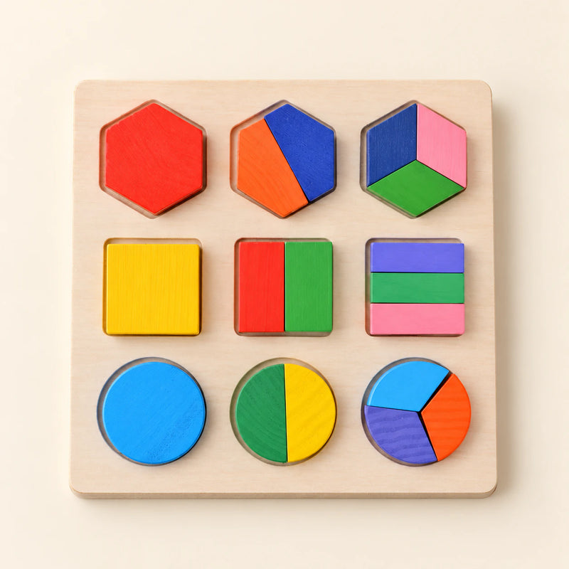 Wooden hexagons, squares and circles shown as whole shapes, halves and thirds.