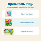 Three simple play prompts illustrated with the dinosaur activity book: open, choose an activity, move and match.