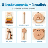 Included items shown separately: xylophone, wooden mallet, tambourine, bell rattle, clapper and bear castanet.