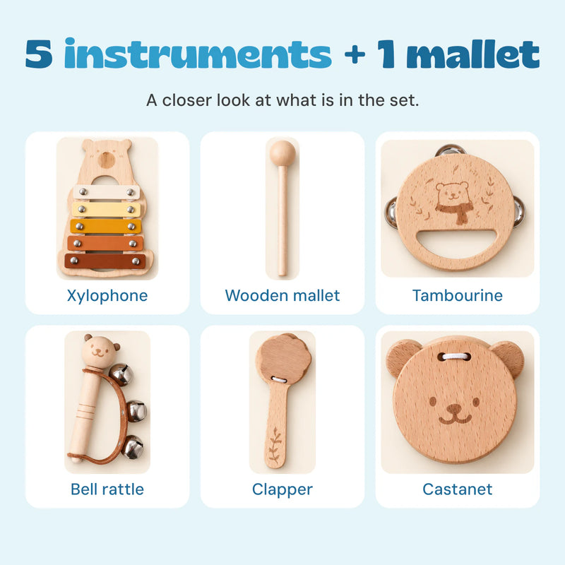 Included items shown separately: xylophone, wooden mallet, tambourine, bell rattle, clapper and bear castanet.