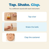 Three music-play ideas shown with the actual instruments: tap a bar with the mallet, shake the bells and clap the wooden castanet.