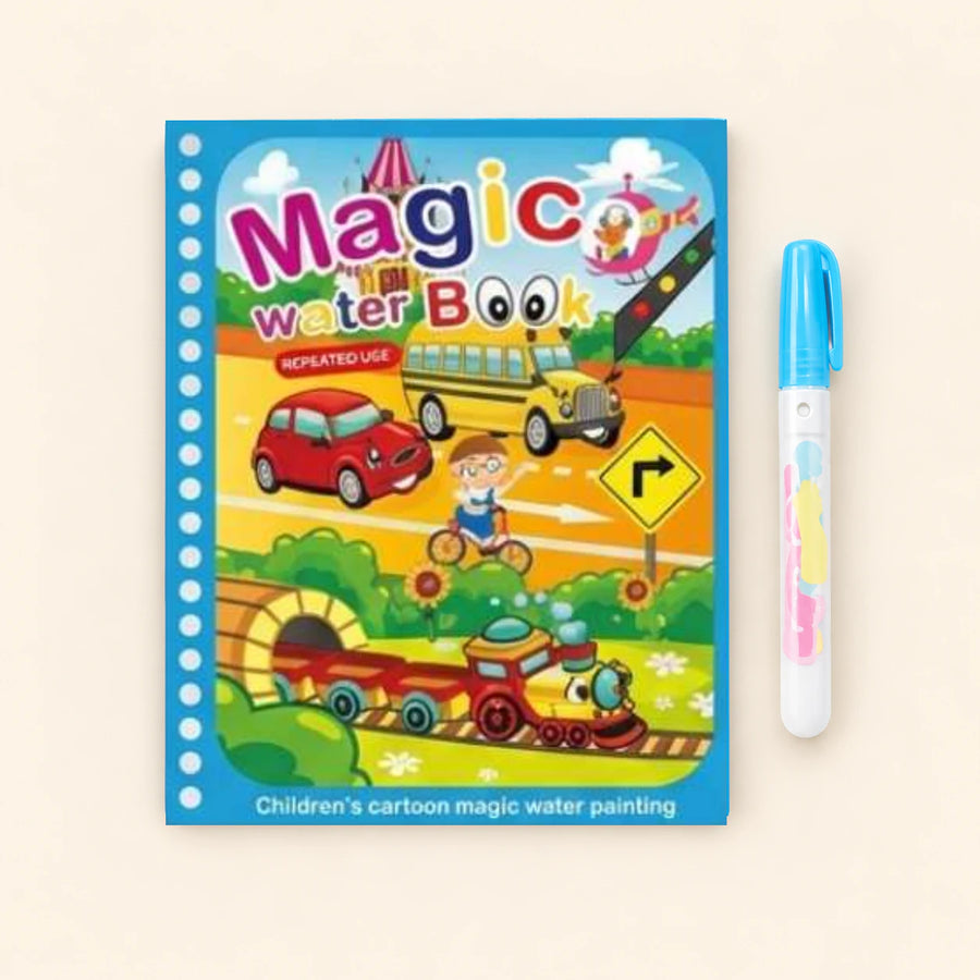 Vehicles water-colouring book with its illustrated cover and a capped water pen on a pale warm beige background.