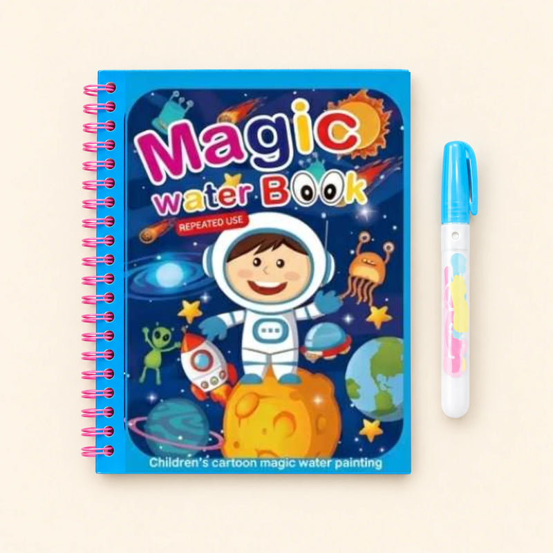 Outer Space water-colouring book with its illustrated cover and a capped water pen on a pale warm beige background.