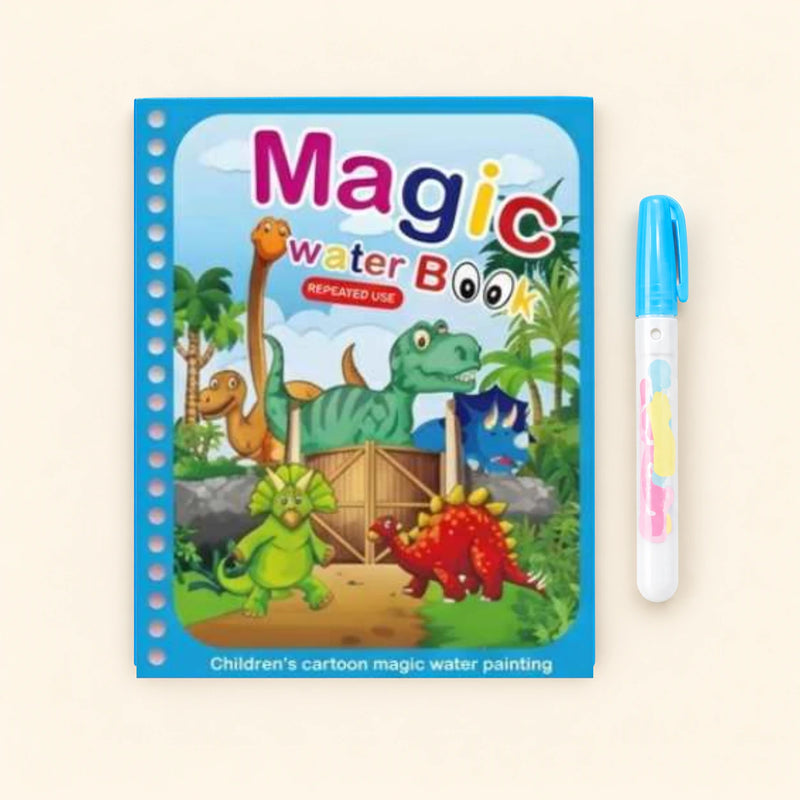 Dinosaur World water-colouring book with its illustrated cover and a capped water pen on a pale warm beige background.