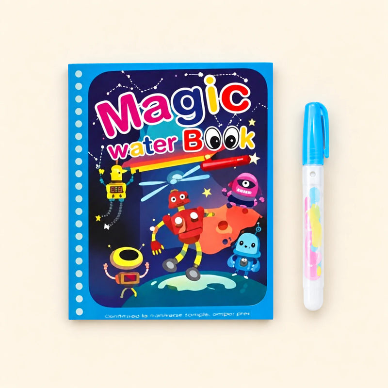 Robot Galaxy Magic Water Book water-colouring book with its illustrated cover and a capped water pen on a pale warm beige background.