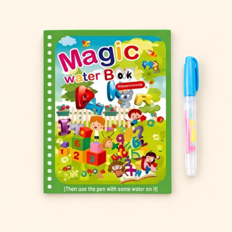 ABC Learning Friends water-colouring book with its illustrated cover and a capped water pen on a pale warm beige background.