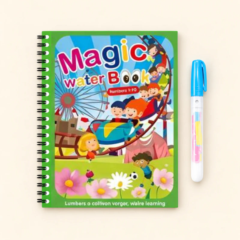 Happy Playground water-colouring book with its illustrated cover and a capped water pen on a pale warm beige background.