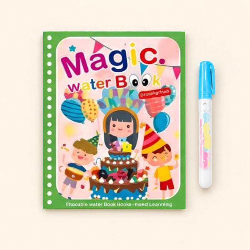 Birthday Party water-colouring book with its illustrated cover and a capped water pen on a pale warm beige background.