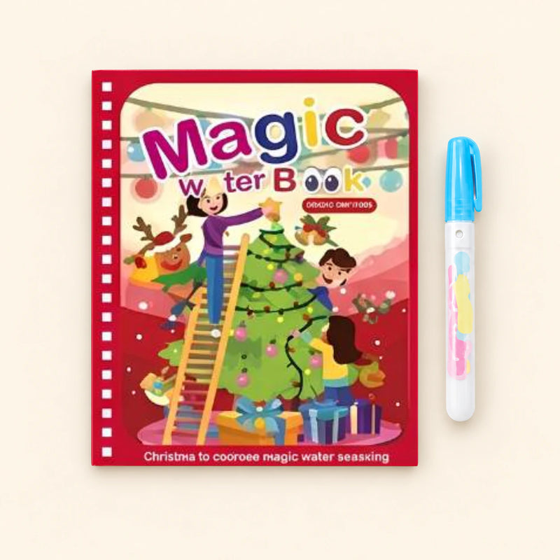 Christmas Magic water-colouring book with its illustrated cover and a capped water pen on a pale warm beige background.