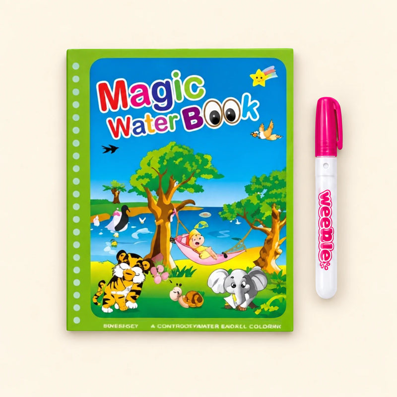 Farm Friends water-colouring book with its illustrated cover and a capped water pen on a pale warm beige background.