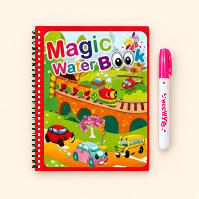 Things That Go water-colouring book with its illustrated cover and a capped water pen on a pale warm beige background.