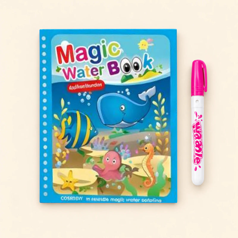 Underwater Magic water-colouring book with its illustrated cover and a capped water pen on a pale warm beige background.