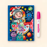 Galactic Water Discovery water-colouring book with its illustrated cover and a capped water pen on a pale warm beige background.