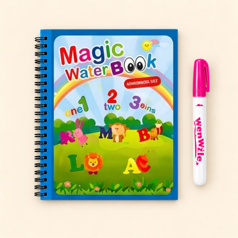 ABC Number Fun water-colouring book with its illustrated cover and a capped water pen on a pale warm beige background.
