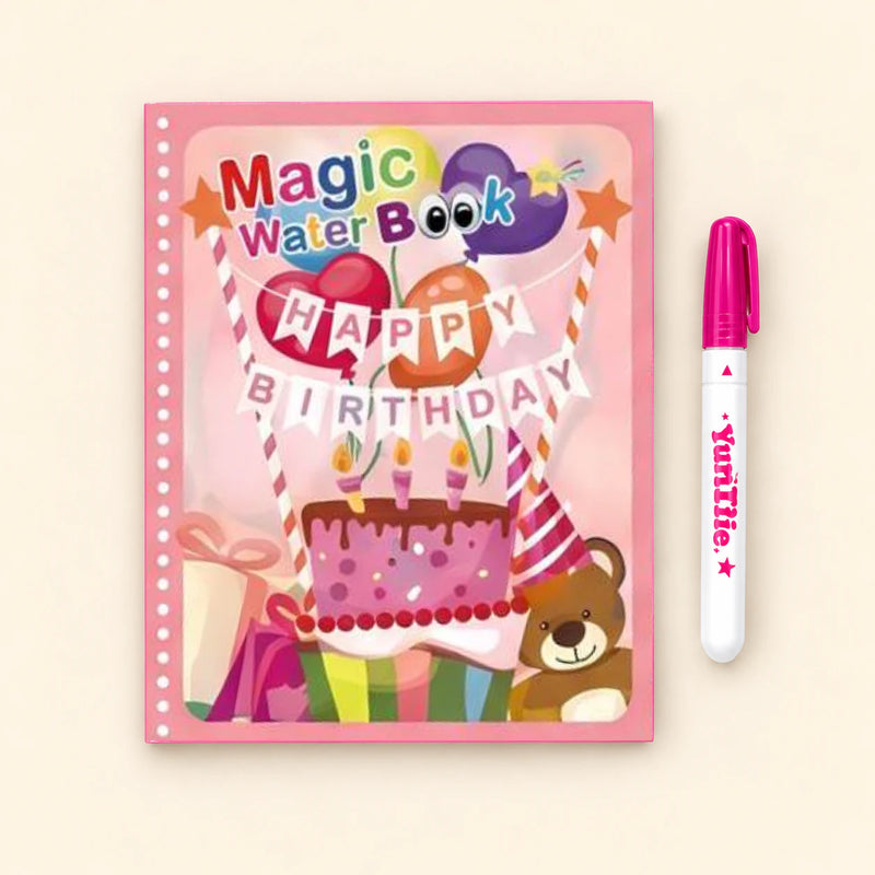 Birthday Cake Party water-colouring book with its illustrated cover and a capped water pen on a pale warm beige background.