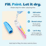 Water pen filling close-up with three steps: add water, reveal colour and let the page dry before using again.