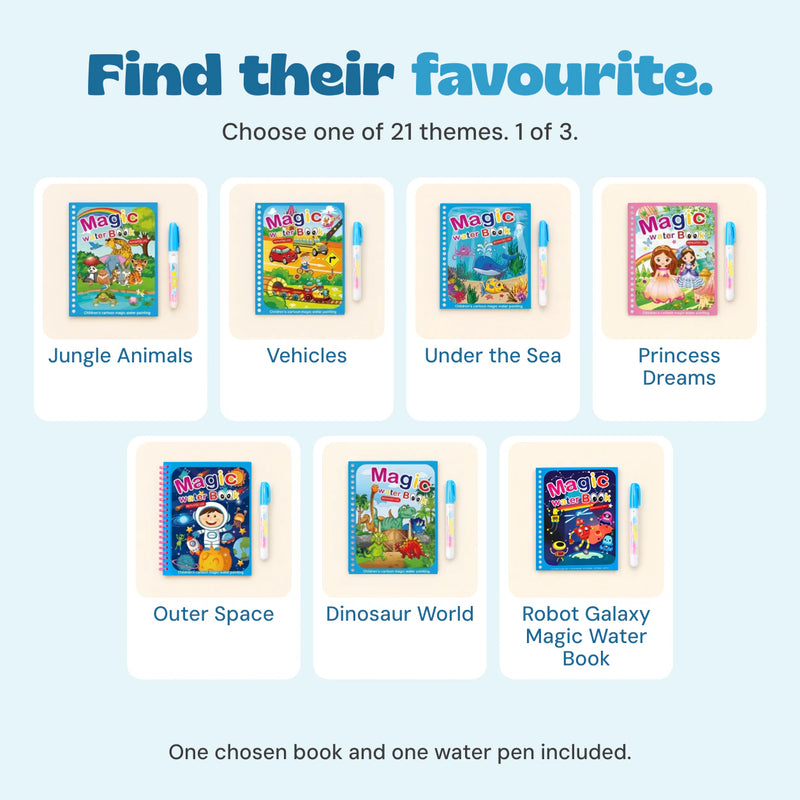 Water-colouring book choices: Jungle Animals, Vehicles, Under the Sea, Princess Dreams, Outer Space, Dinosaur World, Robot Galaxy Magic Water Book. One chosen book and one water pen are included.