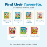 Water-colouring book choices: ABC Learning Friends, Animal Match Fun, Happy Playground, Birthday Party, Christmas Magic, Farm Friends, Things That Go. One chosen book and one water pen are included.