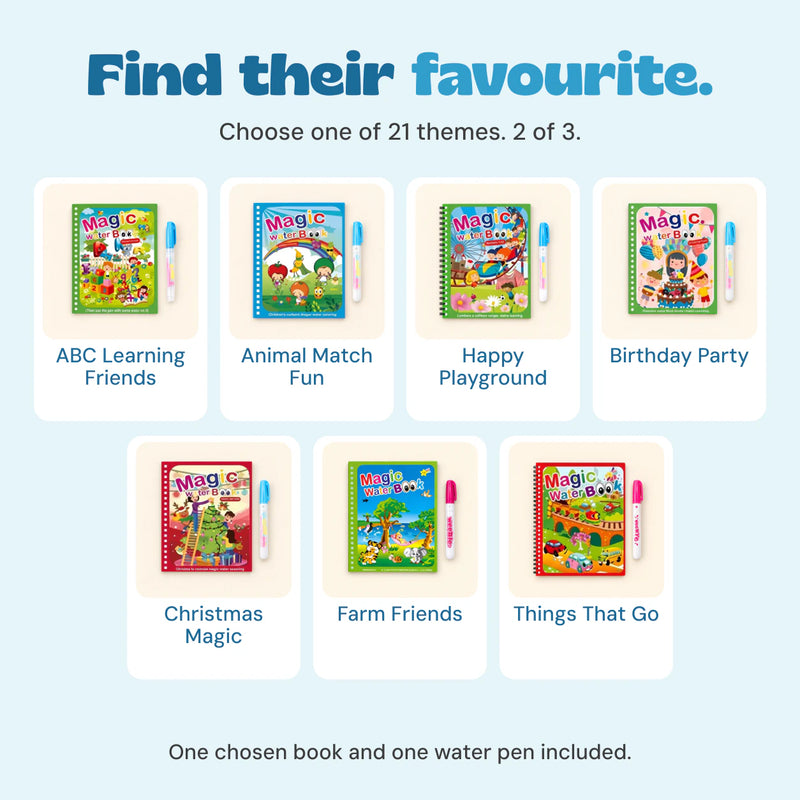Water-colouring book choices: ABC Learning Friends, Animal Match Fun, Happy Playground, Birthday Party, Christmas Magic, Farm Friends, Things That Go. One chosen book and one water pen are included.
