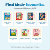 Water-colouring book choices: Underwater Magic, Wild Animal Safari, Galactic Water Discovery, Robot Space Mission, ABC Number Fun, Piggy Farm Day, Birthday Cake Party. One chosen book and one water pen are included.