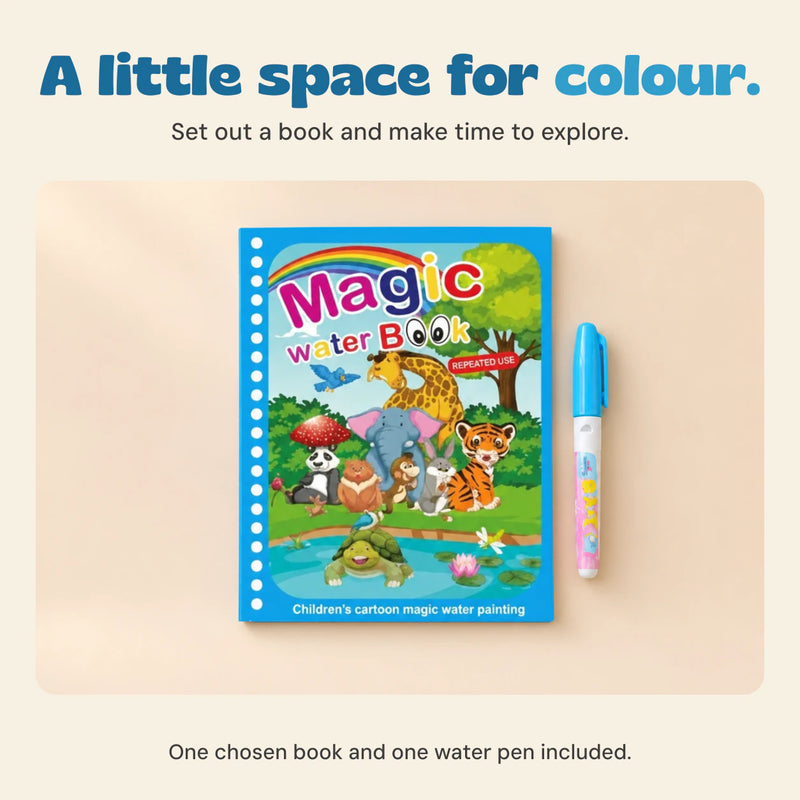 TibaToes™ Mess-Free Reusable Water Coloring Books, product detail on a warm beige studio background.