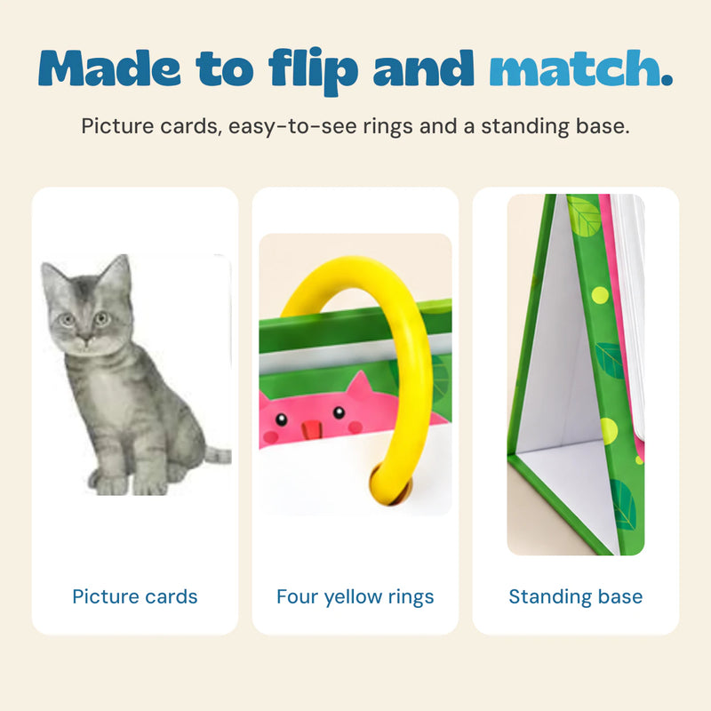 Close views of the book's original cat picture, yellow ring and green standing base.