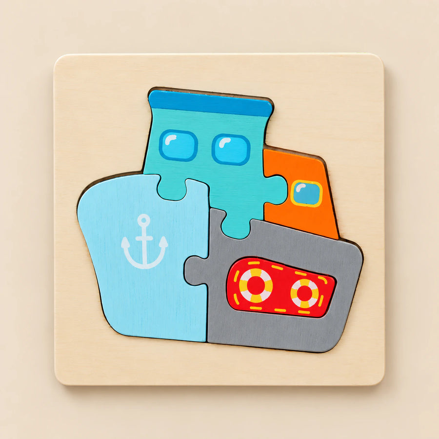 TibaToes Ship wooden puzzle assembled on its square wooden base against a pale warm beige background.