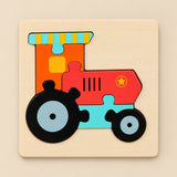 TibaToes Tractor wooden puzzle assembled on its square wooden base against a pale warm beige background.