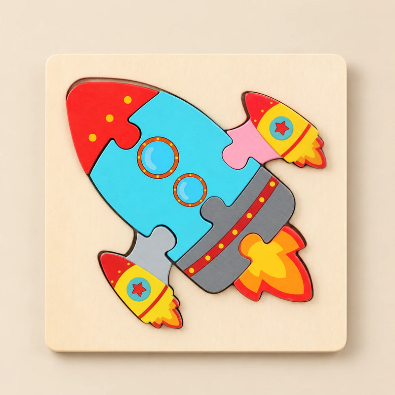 TibaToes Rocket wooden puzzle assembled on its square wooden base against a pale warm beige background.