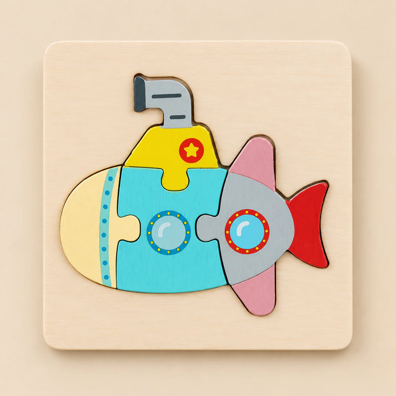 TibaToes Submarine wooden puzzle assembled on its square wooden base against a pale warm beige background.