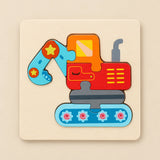 TibaToes Excavator wooden puzzle assembled on its square wooden base against a pale warm beige background.