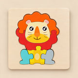 TibaToes Lion wooden puzzle assembled on its square wooden base against a pale warm beige background.