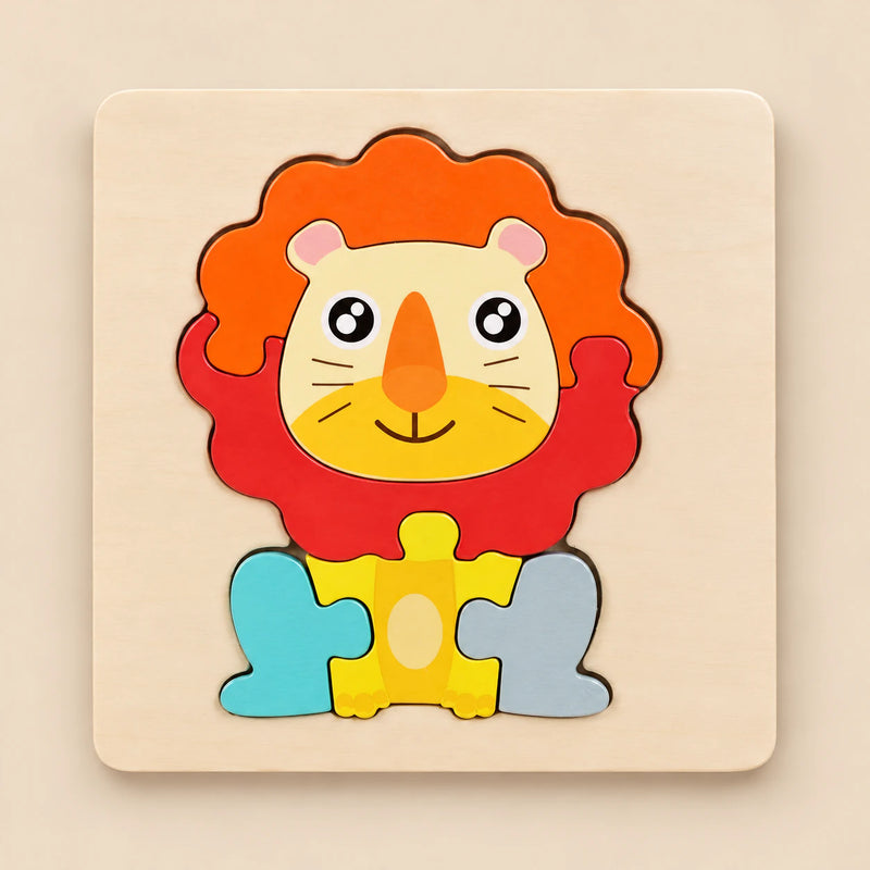 TibaToes Lion wooden puzzle assembled on its square wooden base against a pale warm beige background.