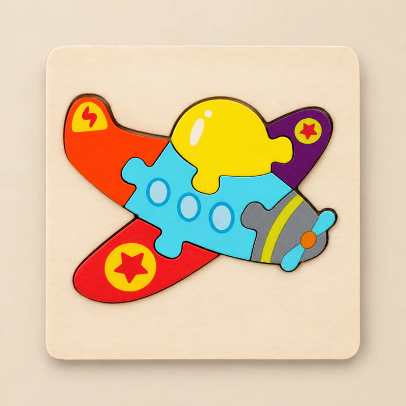 TibaToes Plane wooden puzzle assembled on its square wooden base against a pale warm beige background.
