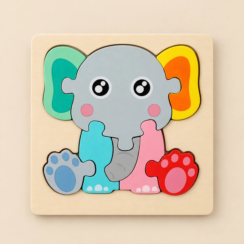 TibaToes Elephant wooden puzzle assembled on its square wooden base against a pale warm beige background.