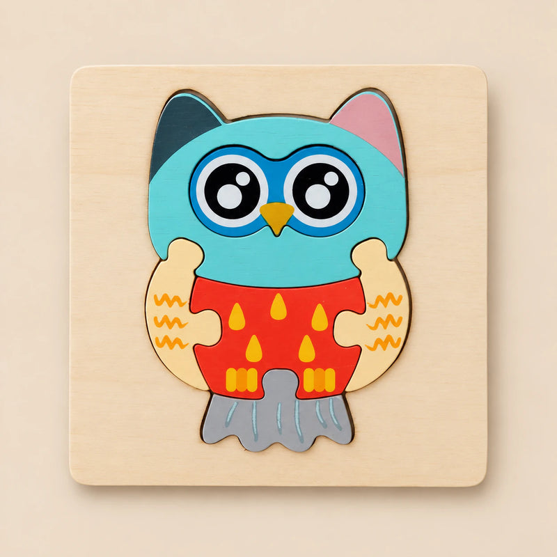 TibaToes Owl wooden puzzle assembled on its square wooden base against a pale warm beige background.