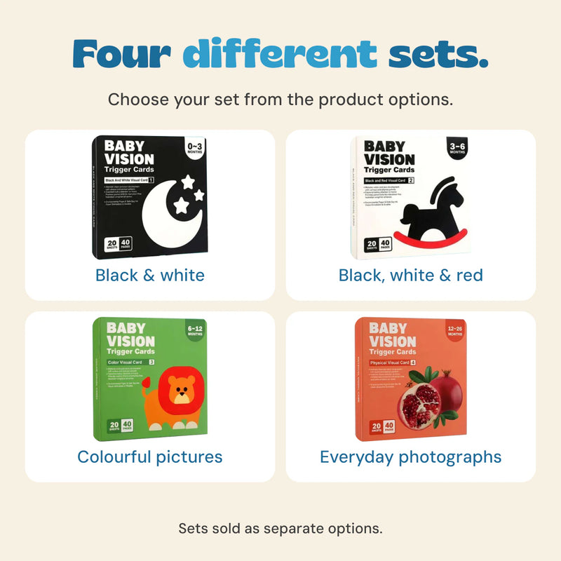 The four original vision card boxes: black and white, black white and red, colourful pictures, and everyday photographs. Separate choices.