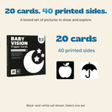 Original black-and-white card box and example cards with source-supported contents of 20 cards and 40 printed sides.