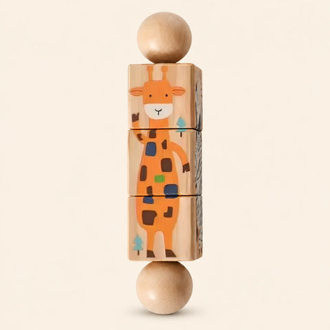Jungle wooden Spin and Match toy with three connected rotating blocks and two wooden ball ends, showing one printed face on smooth pale warm beige.