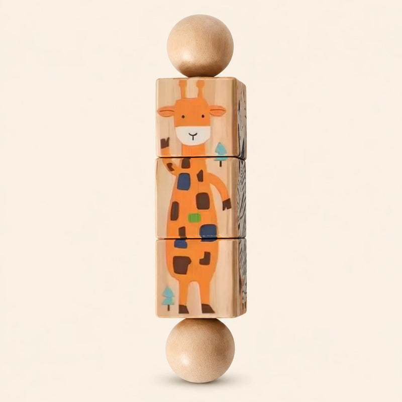 Jungle wooden Spin and Match toy with three connected rotating blocks and two wooden ball ends, showing one printed face on smooth pale warm beige.