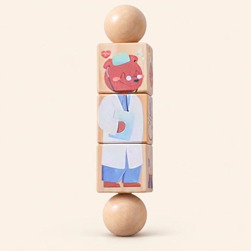 Career Crew wooden Spin and Match toy with three connected rotating blocks and two wooden ball ends, showing one printed face on smooth pale warm beige.